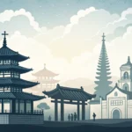 Silhouettes of diverse Korean religious buildings like a temple and church, representing the concept...