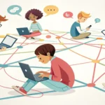 Illustration of diverse people connected via digital lines over a map of South Korea, symbolizing re...