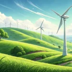 Illustration of wind turbines on green hills under a bright sun, representing the concept of renewab...