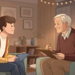 Illustration depicting a polite negotiation between a tenant and a landlord over a rental contract d...