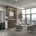 Illustration depicting a Korean office worker reporting a malfunctioning vending machine in a lounge...