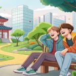 Two friends laughing together in a Korean park setting, one holding a smartphone, representing a Kor...