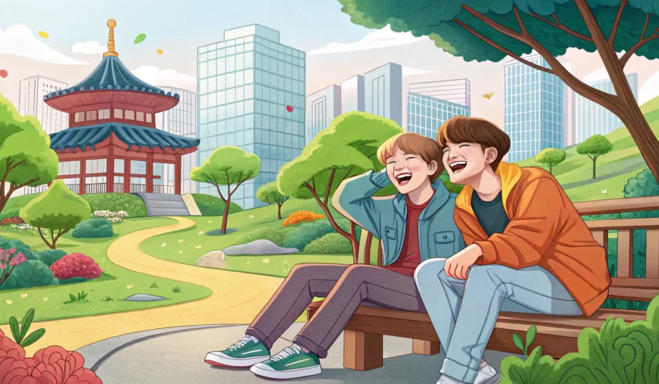 Two friends laughing together in a Korean park setting, one holding a smartphone, representing a Kor...