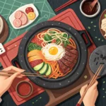 Illustration showing hands adding a small dish to a table laden with Korean food in a restaurant, sy...