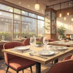 Illustration of an empty corner table set for dining in a modern Korean restaurant, symbolizing a sp...