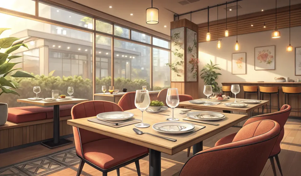 Illustration of an empty corner table set for dining in a modern Korean restaurant, symbolizing a sp...
