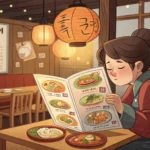 Illustration of a customer considering a menu in a Korean restaurant while a waiter gestures helpful...