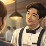 Friendly Korean waiter listening attentively in a traditional Korean restaurant setting, representin...