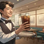 Close-up of a Korean waiter's hand offering a very frosty glass of soda with ice cubes and condensat...