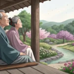 An older Korean couple contemplates their future retirement planning while looking at a serene mount...
