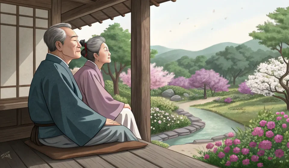 An older Korean couple contemplates their future retirement planning while looking at a serene mount...