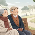 An elderly Korean couple sits smiling on a bench, enjoying a peaceful view of Korean mountains, symb...