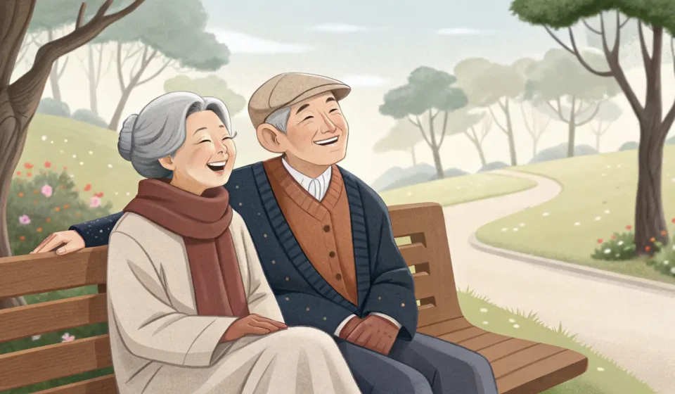An elderly Korean couple sits smiling on a bench, enjoying a peaceful view of Korean mountains, symb...