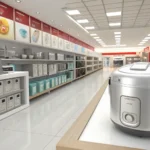 A sleek, modern rice cooker prominently displayed on a shelf in a bright Korean electronics store, r...