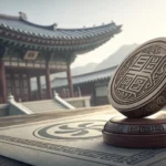 A traditional Korean seal (dojang) poised above a document, symbolizing Korean contracts and learnin...