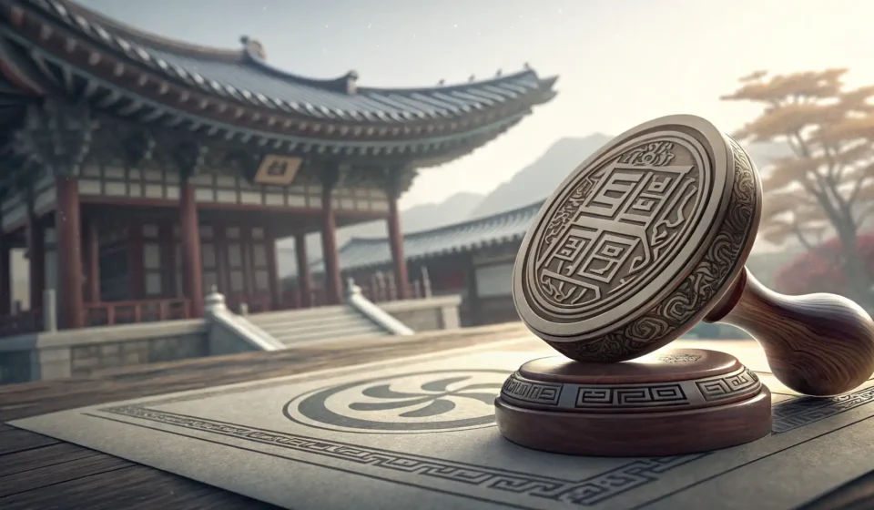A traditional Korean seal (dojang) poised above a document, symbolizing Korean contracts and learnin...