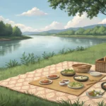 A peaceful Korean riverside picnic scene featuring a traditional mat (dotjari) with food spread out...
