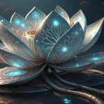 A metallic lotus flower with glowing circuits symbolizes hope and technological healing, set against...