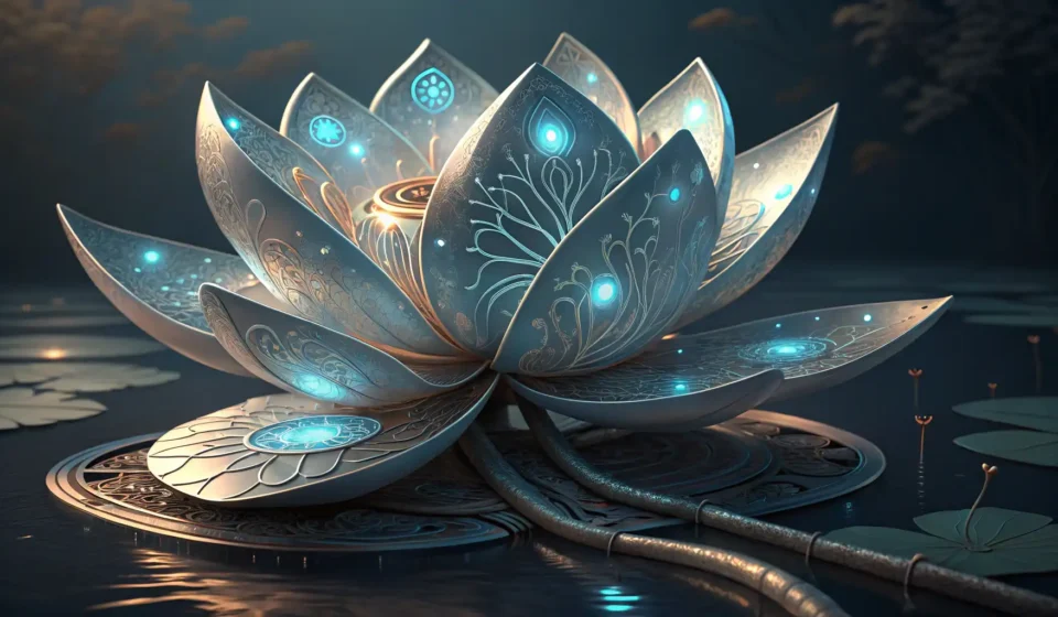 A metallic lotus flower with glowing circuits symbolizes hope and technological healing, set against...