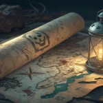 Illustration of a treasure map and pearls symbolizing negotiation, representing a Korean language le...