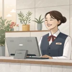 Illustration of a Korean hotel receptionist ready to assist, symbolizing how to inquire about room c...