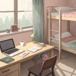 Illustration depicting a cozy Korean dorm room setting with two desks, highlighting an open textbook...