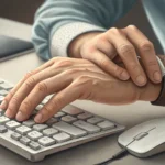 Illustration showing hands near a keyboard, one hand indicating wrist pain, symbolizing repetitive s...