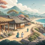 Illustration of a vibrant Korean farming and fishing village, symbolizing rural development, for a l...