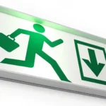 Illustration of a green emergency exit symbol superimposed on a modern Korean cityscape, representin...