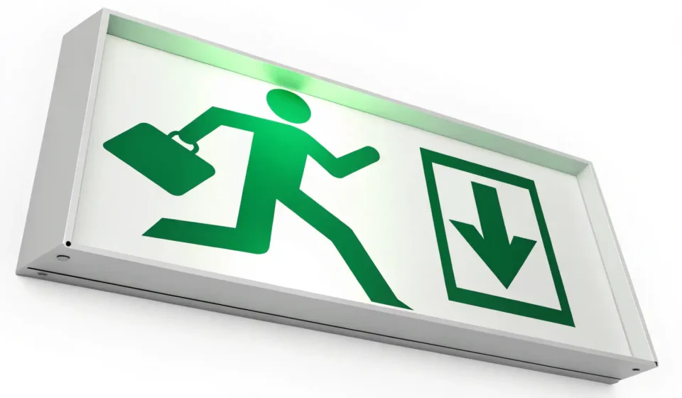 Illustration of a green emergency exit symbol superimposed on a modern Korean cityscape, representin...
