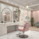 Interior view of a modern Korean hair salon focusing on an empty stylist's chair, mirror, and hairdr...