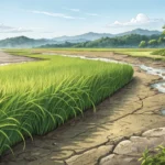 Illustration of healthy green rice plants growing strong in a field next to a Korean coastal area wi...