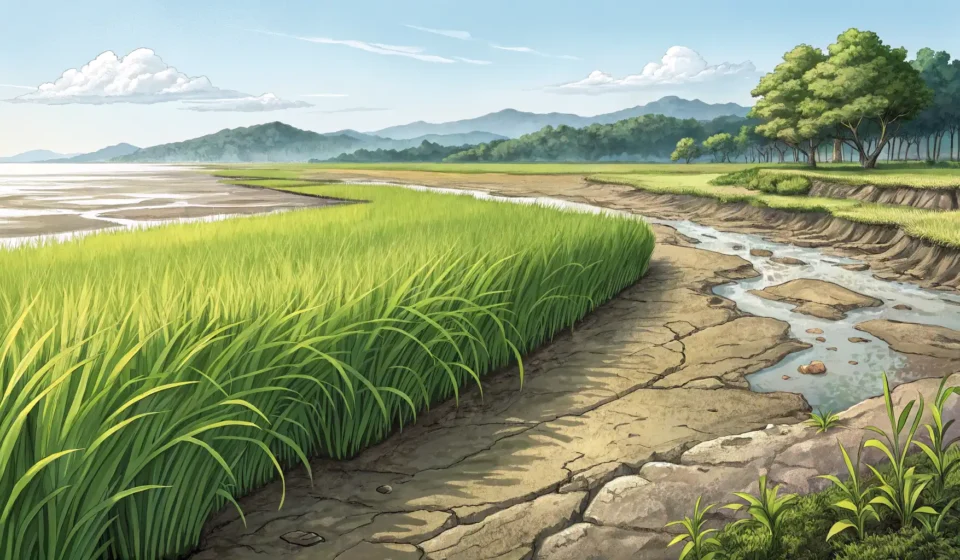 Illustration of healthy green rice plants growing strong in a field next to a Korean coastal area wi...