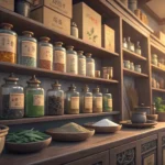 Shelves in a traditional Korean apothecary filled with ceramic jars and dried herbs, representing Ko...