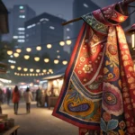 Close-up of a colorful, traditionally dyed Korean silk scarf displayed at a night market stall, high...