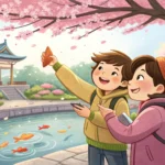 Illustration of two friends in a park, one presenting a scavenger hunt clue, representing how to pla...