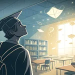 Stylized illustration showing a student silhouette looking towards a bright, abstract Korean buildin...