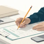 Illustration symbolizing registering for supplementary classes in a Korean school, showing a hand wi...
