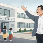 A friendly Korean teacher stands welcomingly at the entrance of a Korean school, representing the to...