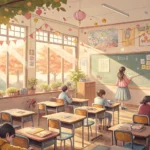 Illustration of an empty, sunlit Korean elementary classroom, representing the setting for a parent-...