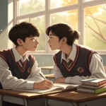 Two Korean high school students in uniform collaborating in a classroom, one seeking advice on paper...