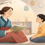 Illustration depicting a parent and a Korean teacher engaged in a friendly consultation within a bri...