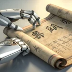 Metallic robot hands holding a glitching ancient Korean scroll near a swirling time rift, symbolizin...