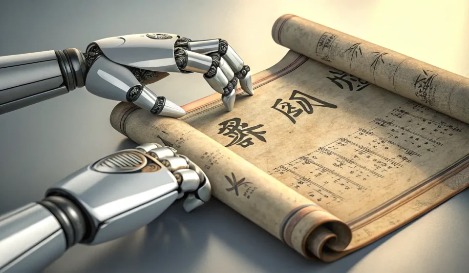 Metallic robot hands holding a glitching ancient Korean scroll near a swirling time rift, symbolizin...