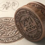 A close-up image showing a traditional Korean personal seal (dojang) made of wood, placed next to a...