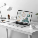 Minimalist illustration of a modern Korean workspace with a laptop showing abstract digital marketin...