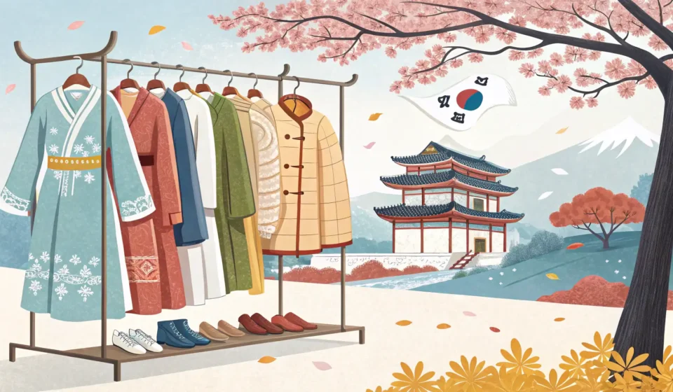 Illustration showing clothing suitable for different Korean seasons, representing the concept of ask...