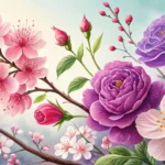A beautiful collage of Korean seasonal flowers including cherry blossoms, Rose of Sharon, and forsyt...