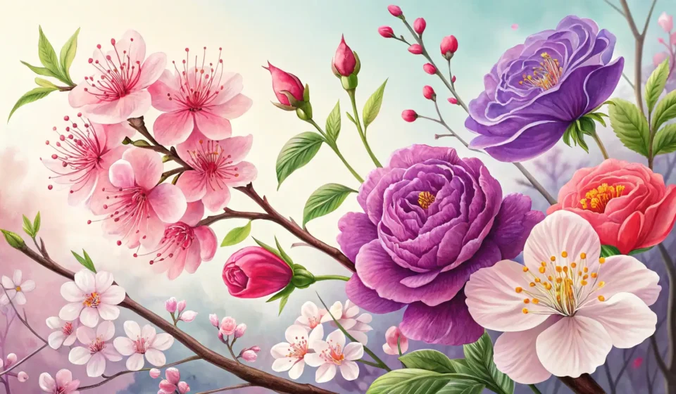 A beautiful collage of Korean seasonal flowers including cherry blossoms, Rose of Sharon, and forsyt...