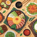A colorful overhead shot of various Korean seasonal dishes arranged beautifully on a wooden table, s...